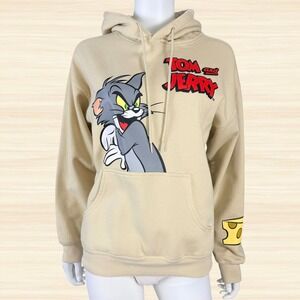 Tom and Jerry Beige Graphic Hoodie Cartoon Cheese Mouse Trap Pullover Womens S